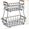 imageSunnyPoint 2Tier Rectangle Countertop Fruit Bread Wire Basket Black Metal  Wood baseBlack