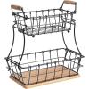 imageSunnyPoint 2Tier Rectangle Countertop Fruit Bread Wire Basket Black Metal  Wood baseBlack