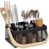imageSunnyPoint Utensil Caddy with Plywood Handle  Metal Mesh Silverware ampamp Cutlery Organizer for Kitchen Picnic Party Restaurant ampamp Events BLUEBLK