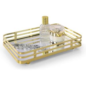 imageSunnyPoint Classic Decorative Vanity Perfume Dresser Jewelry Organizer Makeup Mirror Tray Satin NickelPolished Gold