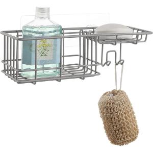 imageSunnyPoint Classic Wall Mounted Shower Caddy Organizer Basket Shelf With Removable Adhesive Hook No Drilling Needed Gunmetal StandardGrey