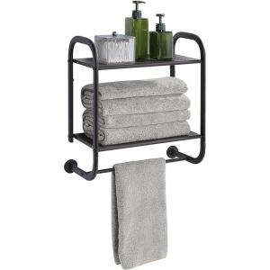 imageSunnyPoint Compact Wall Mount 2 Tier Bathroom Shelf with Towel Bars BrownBrown