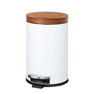 imageSunnyPoint Elite Bamboo Lid 45 Liter 12 Gallon Round Trash Can with Plastic Inner Bucket Bathroom Office Kitchen and Bedroom Step On and Slow Close WhiteWHITE