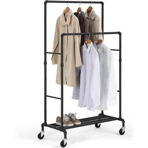 imageSunnyPoint Industrial Loft Style Rolling Garment Rack  Rolling Clothes Organizer Double RackDouble Rack