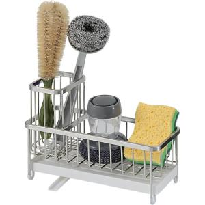 imageSunnyPoint Never Rust Stainless Utensil Sink Cleaning Tools Holder for Kitchen Sink With Drain Board Dish Wand Sponge Soap Dispenser Utensil Organizer Caddy BLKSn