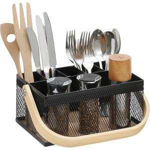 imageSunnyPoint Utensil Caddy with Plywood Handle  Metal Mesh Silverware ampamp Cutlery Organizer for Kitchen Picnic Party Restaurant ampamp Events BLUEBLK