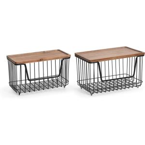 imageSunnyPoint 2Pack Kitchen Laundry ampamp Pantry Storage Organizers  Stackable Bins with Acacia Wood Top Large Trash Bag Holder ampamp Standard Garbage Bag Dispenser Acacia BLKBLK