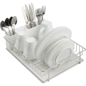 imageSunnyPoint 304 Stainless Steel Rust Resistant Dish Rack with Diatomaceous Earth DrainBoard and Removable Flatware Caddy for Kitchen Counter White LargeSs