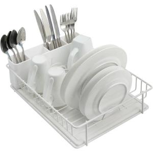 imageSunnyPoint 304 Stainless Steel Rust Resistant Dish Rack with Diatomaceous Earth DrainBoard and Removable Flatware Caddy for Kitchen Counter White LargeWhite