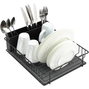 imageSunnyPoint 304 Stainless Steel Rust Resistant Dish Rack with Diatomaceous Earth DrainBoard and Removable Flatware Caddy for Kitchen Counter White LargeBlack