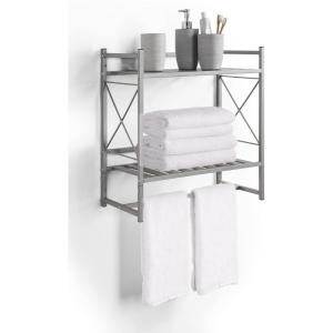 imageSunnyPoint Classic Square Bathroom Shelf 2 Tier Shelf with Towel Bar Wall Mounted Shower Storage Classic  Wall Mount  Silver