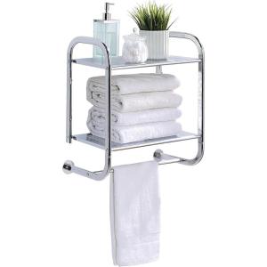 imageSunnyPoint Compact Wall Mount 2 Tier Bathroom Shelf with Towel Bars Chrome